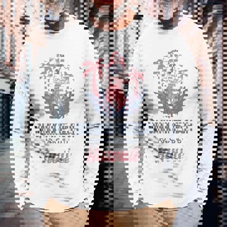 ハワイホノルルのワイキキビーチ 長袖Tシャツ 高齢者への贈り物