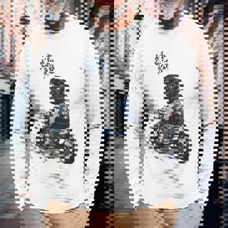 バイクに乗る面白いパグ犬レッツライド 長袖Tシャツ 高齢者への贈り物