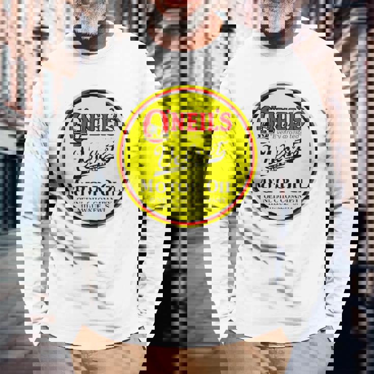 バックプリントのみ レトロ ヴィンテージ ガソリンスタンド オニールのモーターオイル 長袖Tシャツ 高齢者への贈り物