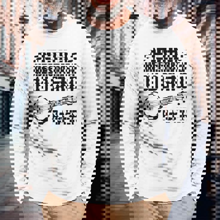 メンズ バンジョーじいさんバンジョーインストラクター 長袖Tシャツ 高齢者への贈り物