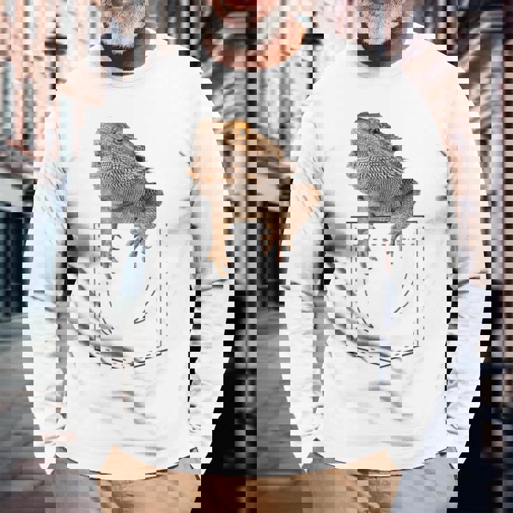 ヒゲのあるドラゴンリザード 爬虫類フェイクポケット 長袖Tシャツ 高齢者への贈り物