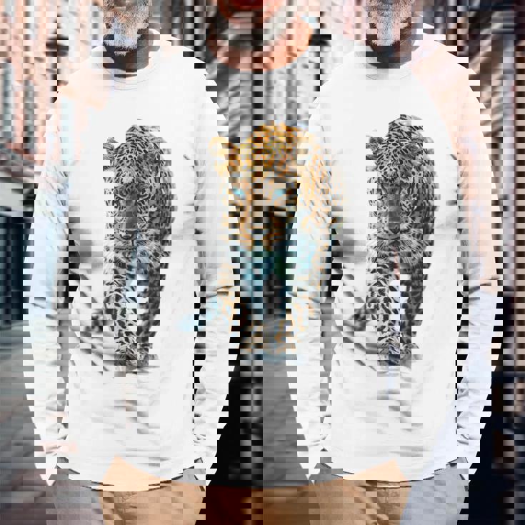 ヒョウ アニマルプリント モチーフ 描画 ポートレート ヒョウ 長袖Tシャツ 高齢者への贈り物