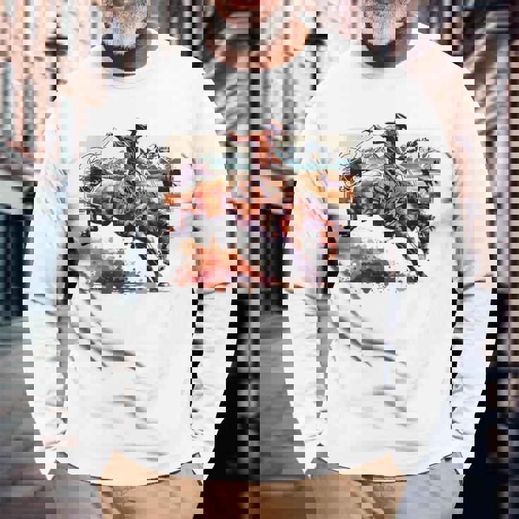 ビンテージ カウボーイ ロデオ ブロンコ ウエスタン 乗馬 カントリー メンズ 長袖Tシャツ 高齢者への贈り物