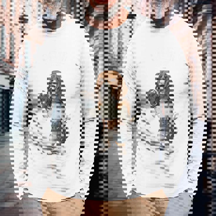 ビーグル 犬 ダンベル 筋トレ 筋肉 ワークアウト ジム 長袖Tシャツ 高齢者への贈り物