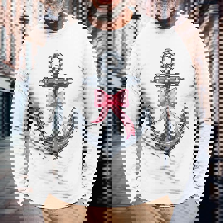 ピンクリボンボウコケット付きマリンアンカー。 長袖Tシャツ 高齢者への贈り物