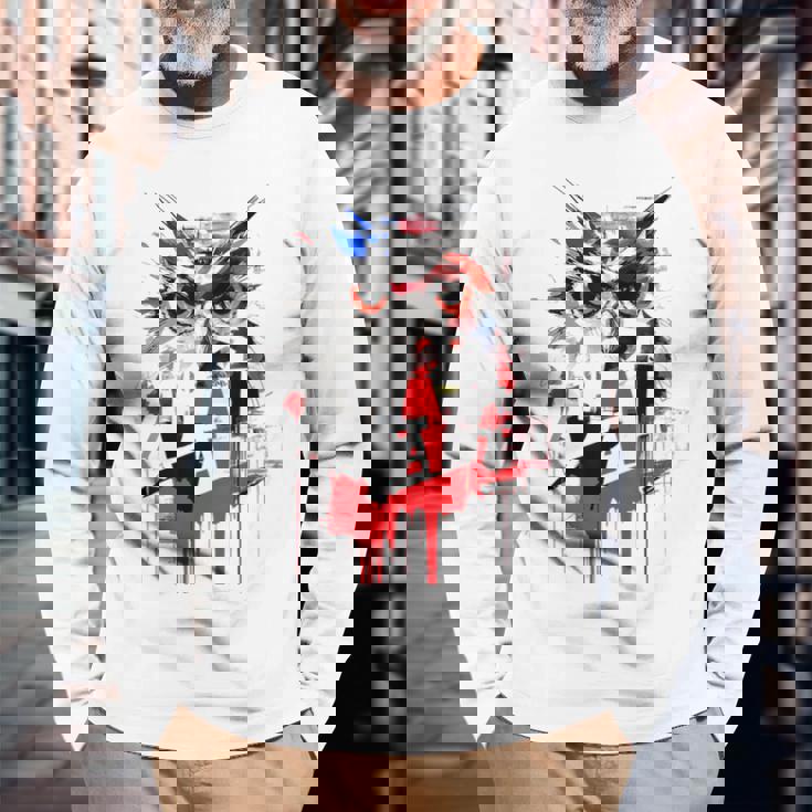 フクロウ アート 絵画 抽象 動物 描画 グラフィック フクロウ 長袖Tシャツ 高齢者への贈り物