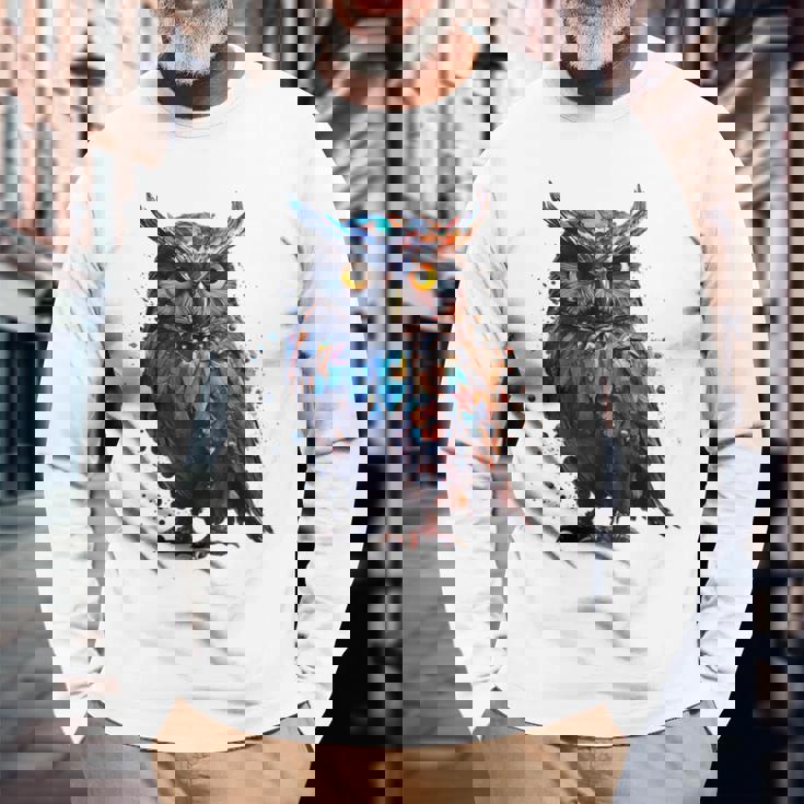 フクロウ アートワーク 動物 フクロウ 長袖Tシャツ 高齢者への贈り物