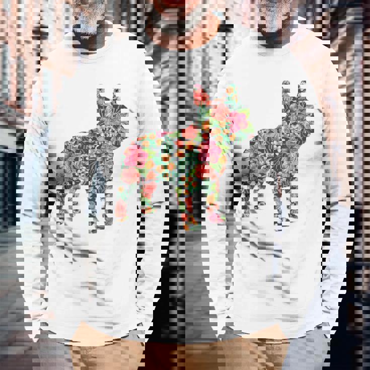 フレンチ ブルドッグ フラワー フローラル フレンチ ドッグ シルエット 犬 ペット 長袖Tシャツ 高齢者への贈り物