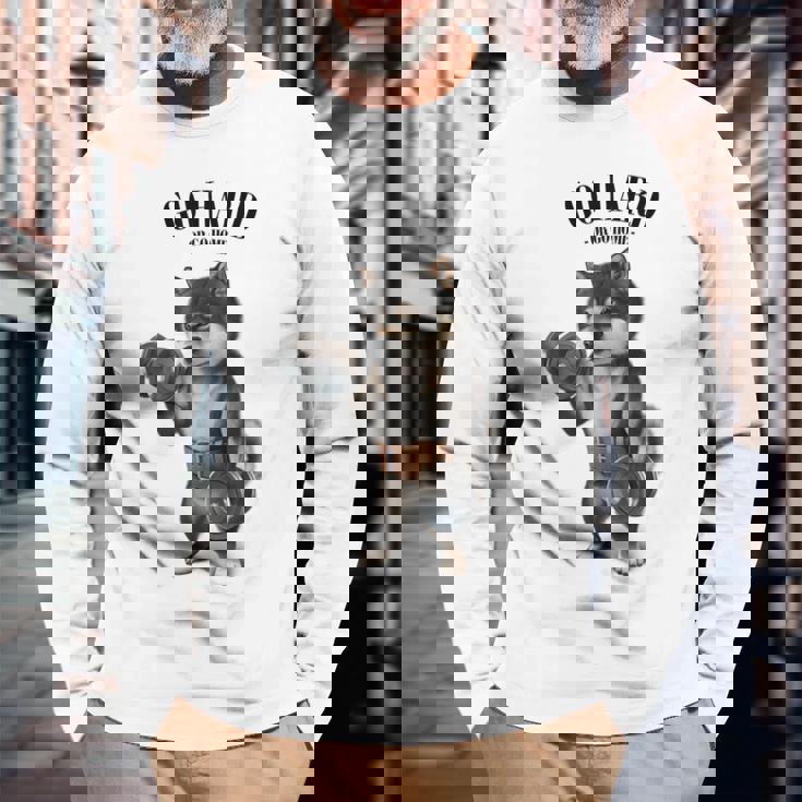 ブラック柴犬 筋トレ ダンベル付き フィットネスジム 長袖Tシャツ 高齢者への贈り物