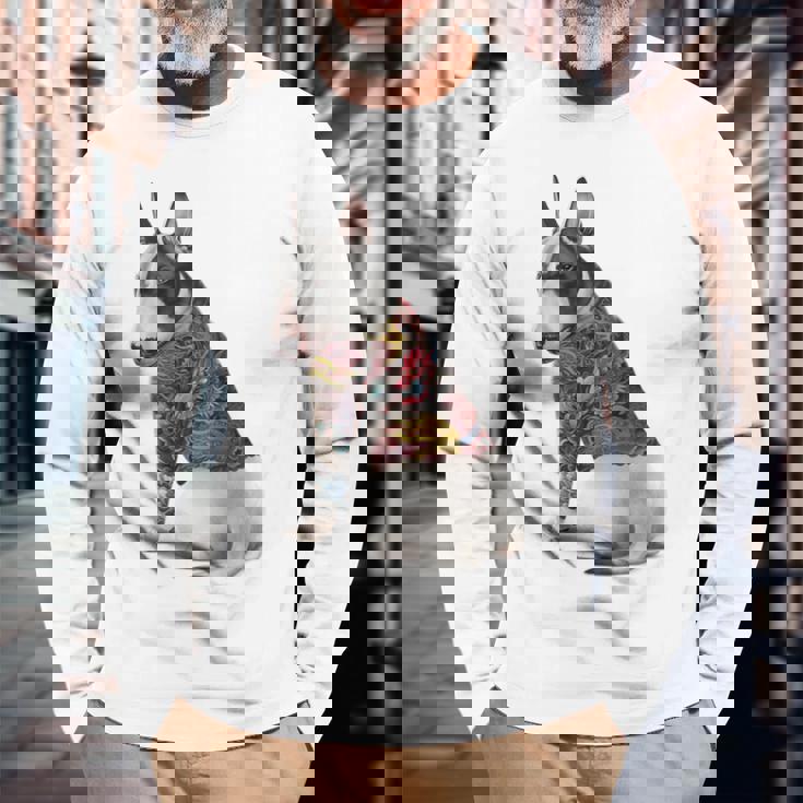 ブルテリア犬 日本龍 タトゥー入り イレズミ 長袖Tシャツ 高齢者への贈り物