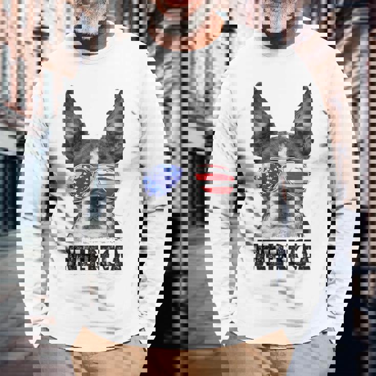 ボストン・テリア 7月4日 メリカ メンズ レディース アメリカ国旗 長袖Tシャツ 高齢者への贈り物