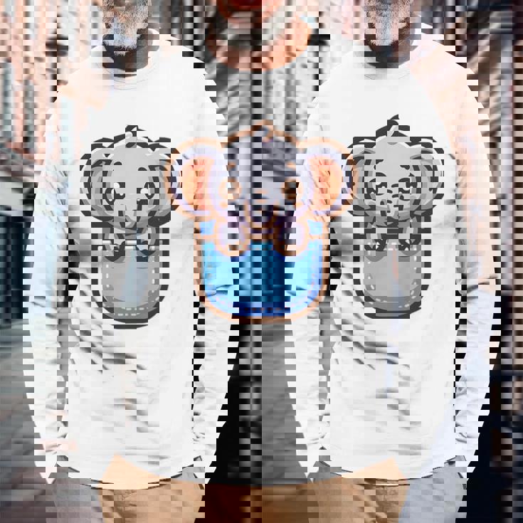 ポケットに入ったかわいい象 長袖Tシャツ 高齢者への贈り物