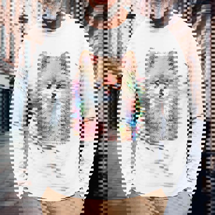 ポメラニアン 抽象画 グラフィック 絵画 動物 ポメラニアン 長袖Tシャツ 高齢者への贈り物