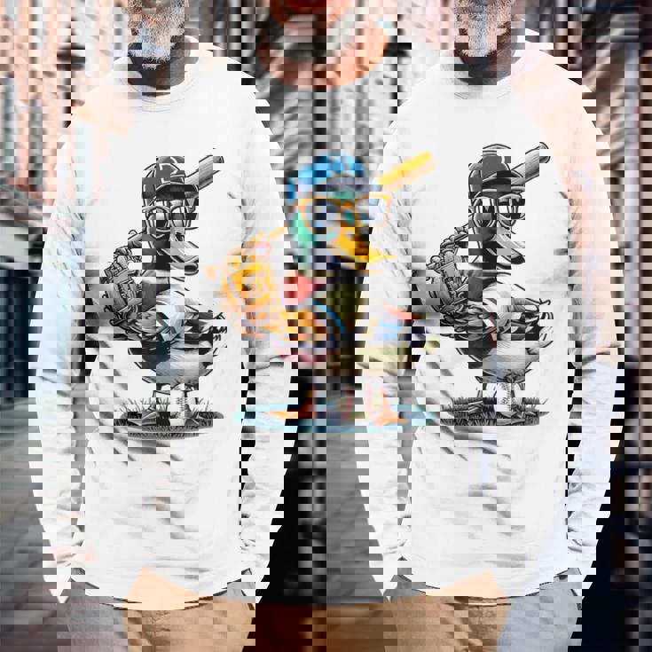 マガモのアヒル 野球愛好家 アヒル 野球 長袖Tシャツ 高齢者への贈り物