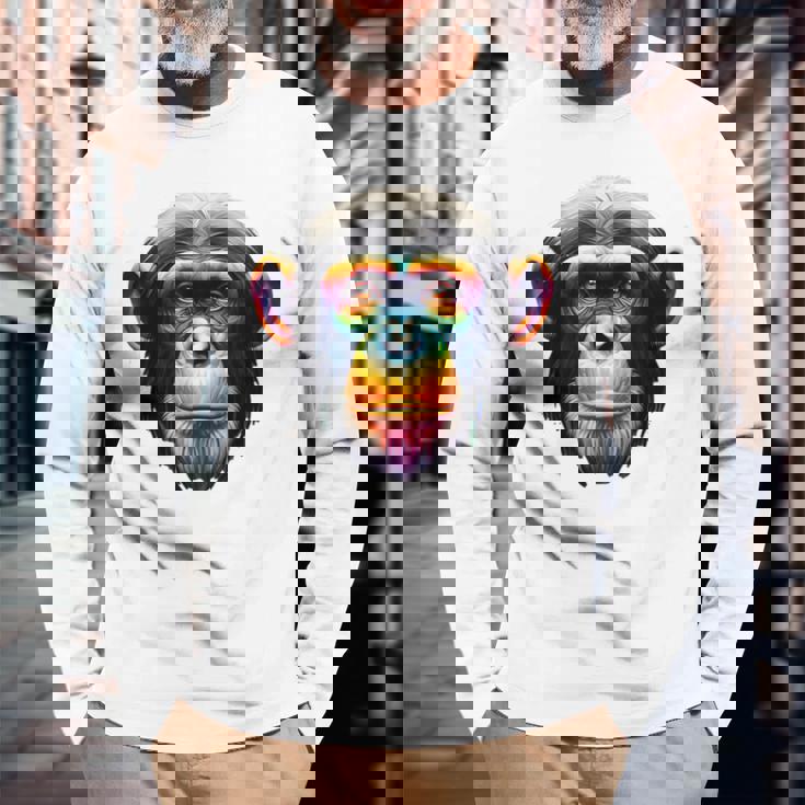 マルチカラー アート カラフル チンパンジー 長袖Tシャツ 高齢者への贈り物