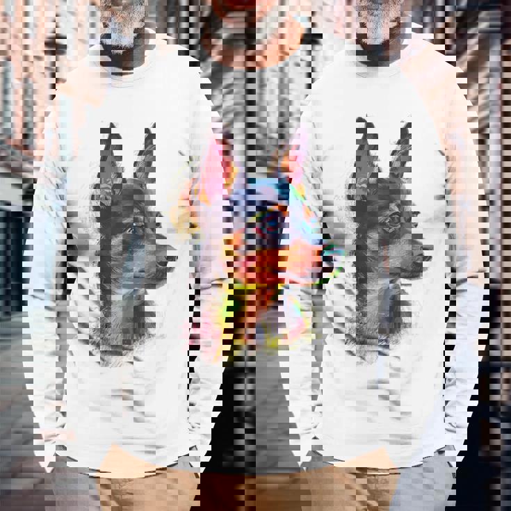 ミニチュア ピンシャー 犬 ペット アート カラフル ミニチュア ピンシャー 長袖Tシャツ 高齢者への贈り物