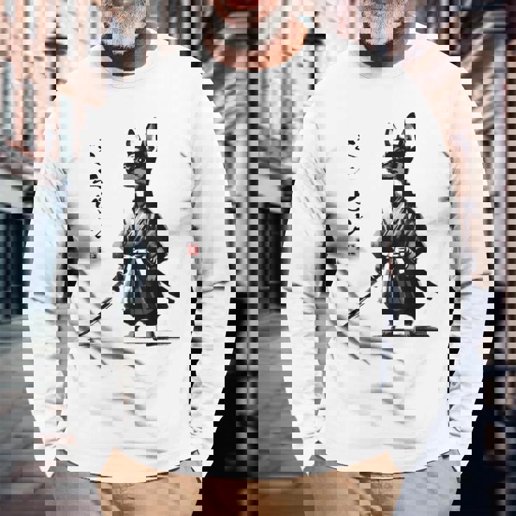 ミニチュアピンシャー 侍戦士 日本の浮世絵 アートドッグ 長袖Tシャツ 高齢者への贈り物