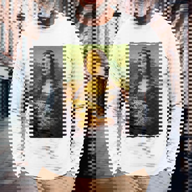 モナ・リザとオレンジ色の猫 面白いアートの絵 長袖Tシャツ 高齢者への贈り物