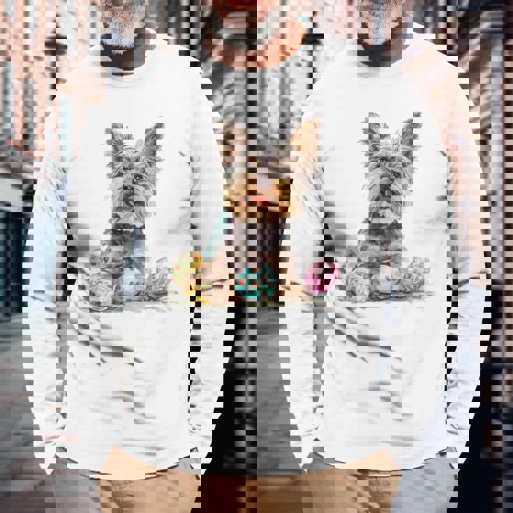 ヨーキー ヨークシャーテリア 犬種 ハッピーイースター メンズ レディース 長袖Tシャツ 高齢者への贈り物