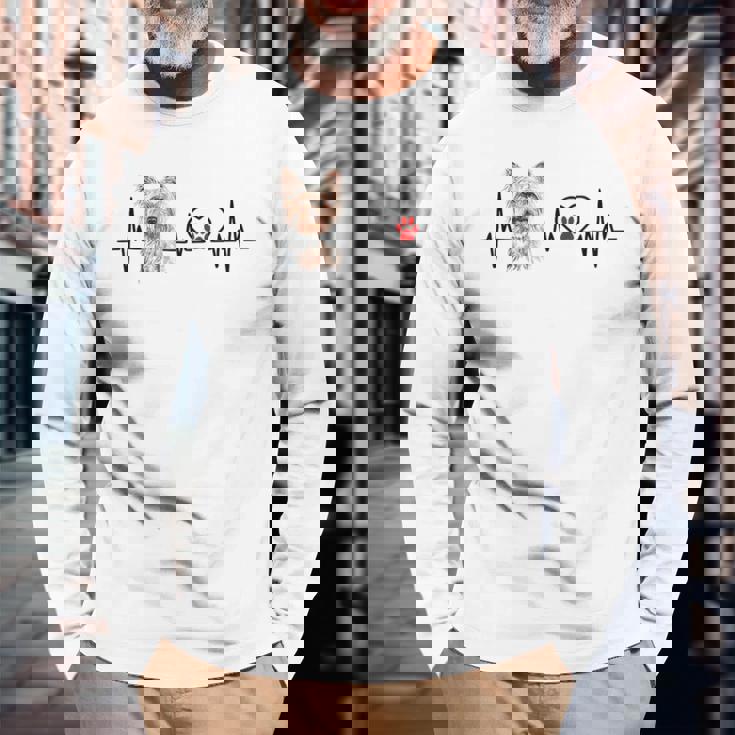 ヨークシャーテリア 心電図 ハートビート ハートライン 犬好き 長袖Tシャツ 高齢者への贈り物