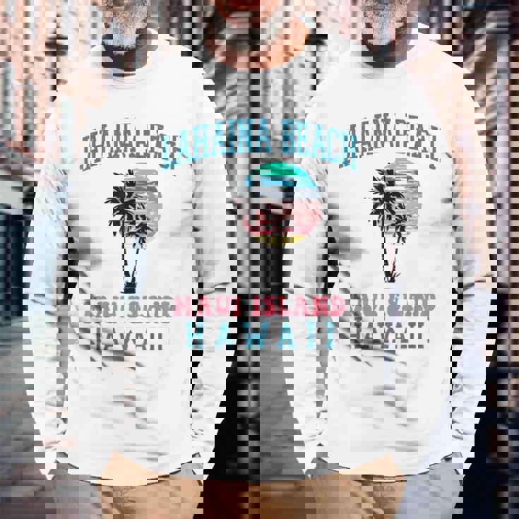 ラハイナ ビーチ マウイ ハワイ ビーチ ヤシの木 夏 ハワイアン 長袖Tシャツ 高齢者への贈り物