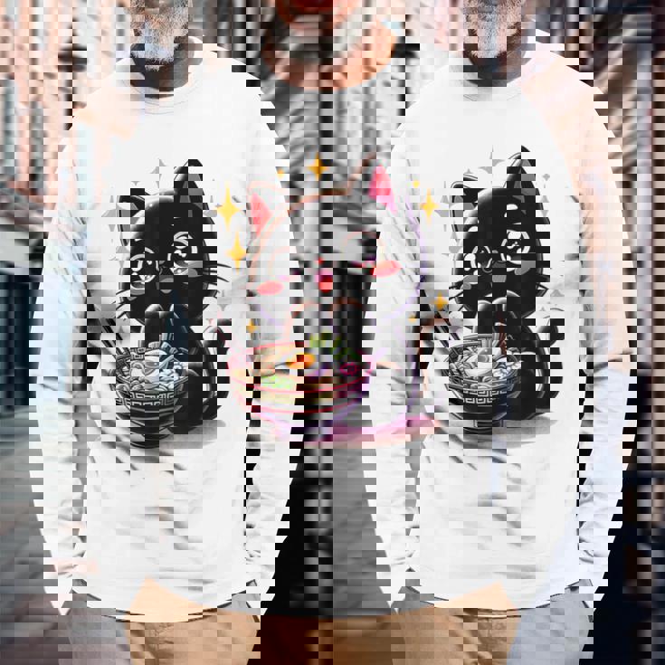 ラーメン猫かわいいアニメ猫ラーメン愛好家甘い 長袖Tシャツ 高齢者への贈り物