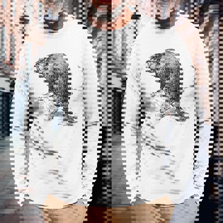 リアルなビーバースケッチ 長袖Tシャツ 高齢者への贈り物