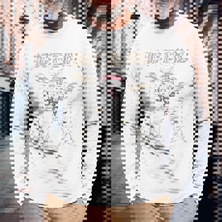 ロックンロール キャットドラム ヴィンテージ Rock Cat Drummer Art Back 長袖Tシャツ 高齢者への贈り物