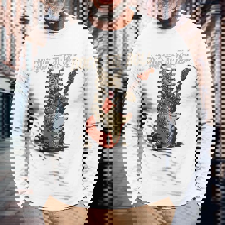 ロックンロール ギター 猫 ビンテージ Rock ギタリスト 猫 長袖tシャツ 長袖Tシャツ 高齢者への贈り物