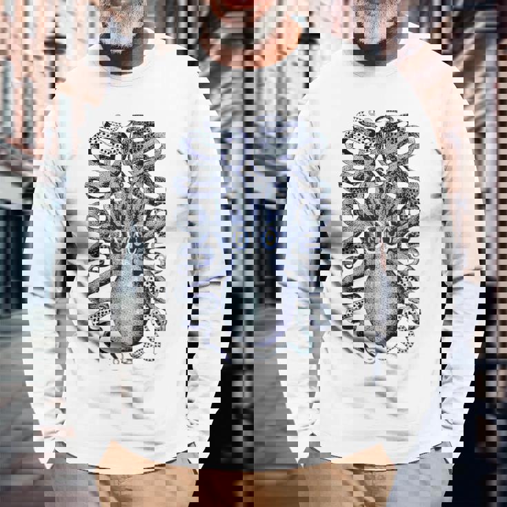 ヴィンテージ ブルー タコ 長袖Tシャツ 高齢者への贈り物