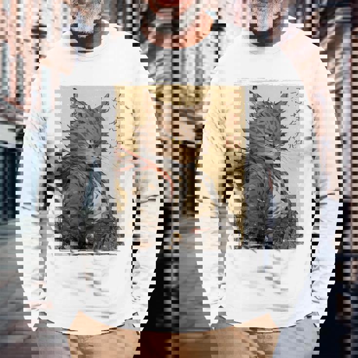 ヴィンテージ 日本の風景 侍 猫 漢字 Art Back 長袖Tシャツ 高齢者への贈り物