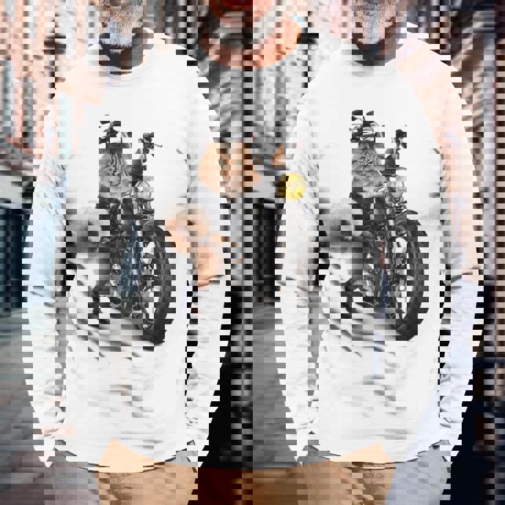 三毛猫 オレンジ猫 ねこ バイク バイカー 長袖Tシャツ 高齢者への贈り物