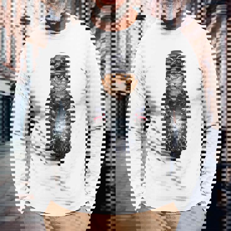 三毛猫 オレンジ猫 ねこ バイク ヘルメット 長袖Tシャツ 高齢者への贈り物