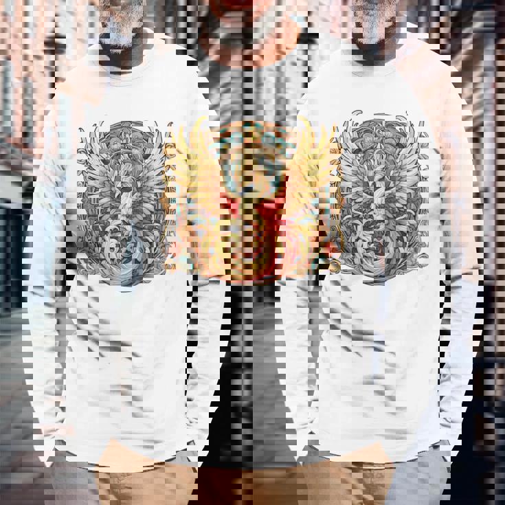 不死鳥 火の鳥 フェニックス イラスト バックプリント 長袖Tシャツ 高齢者への贈り物