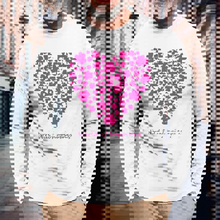 世界中の幸せを願う 可愛い ハート ピンク クローバー 反戦 平和 バックプリント 長袖Tシャツ 高齢者への贈り物