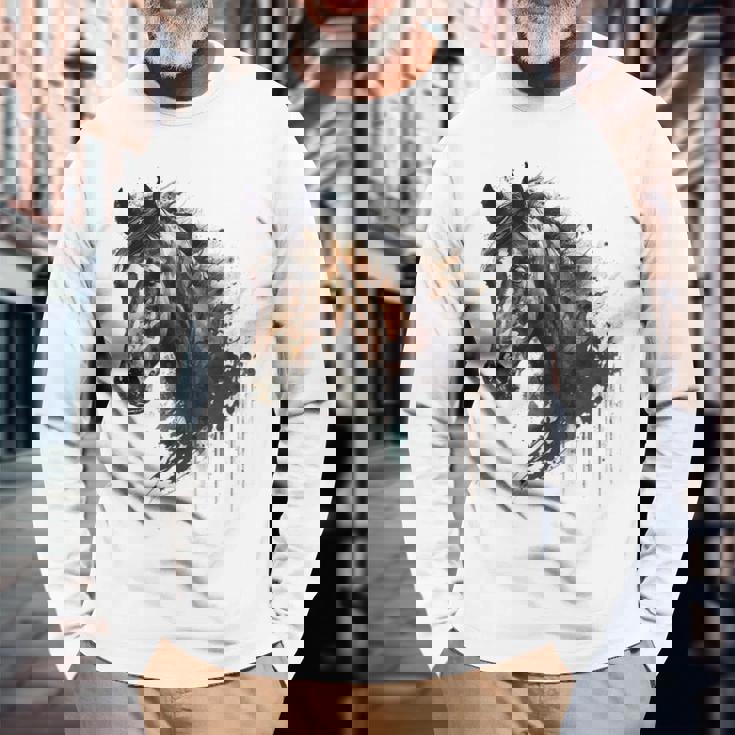 乗馬アート アニマルプリント 馬モチーフ 馬 長袖Tシャツ 高齢者への贈り物