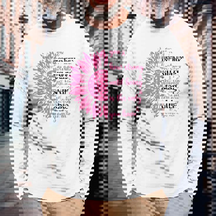 乳がんファイター サバイバー ひまわり ピンクリボン 戦士 長袖Tシャツ 高齢者への贈り物