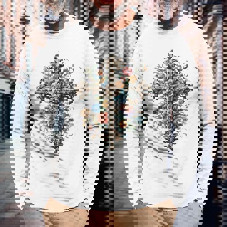 十字架 スピリチュアル キリスト 花 イエス 信仰 十字架 十字架 長袖tシャツ 長袖Tシャツ 高齢者への贈り物