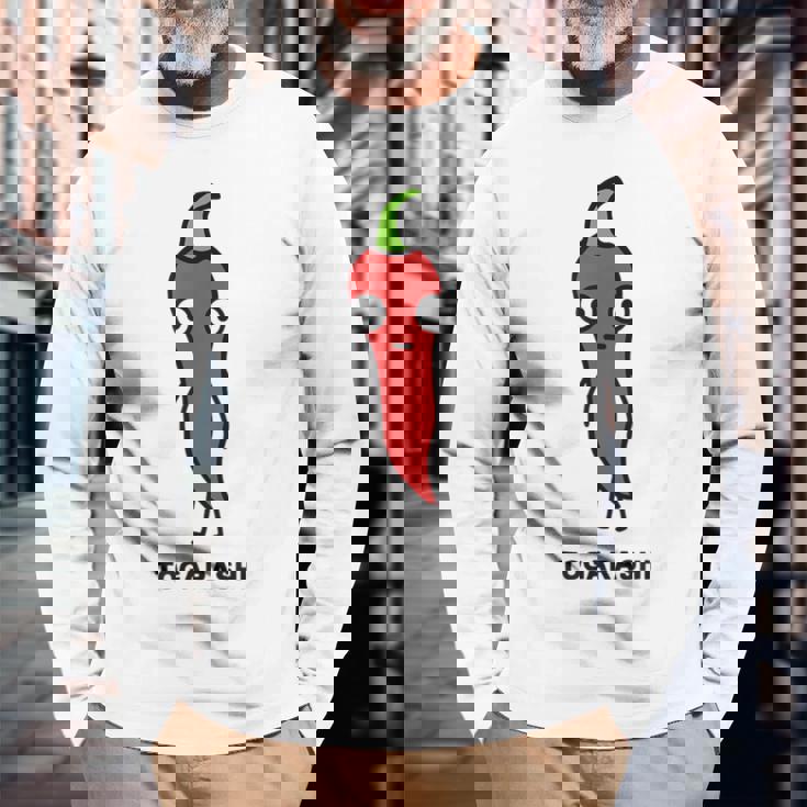 唐辛子 顔 イラスト かわいい おもしろ 面白い 簡単 シンプル ゆるい 野菜 長袖Tシャツ 高齢者への贈り物