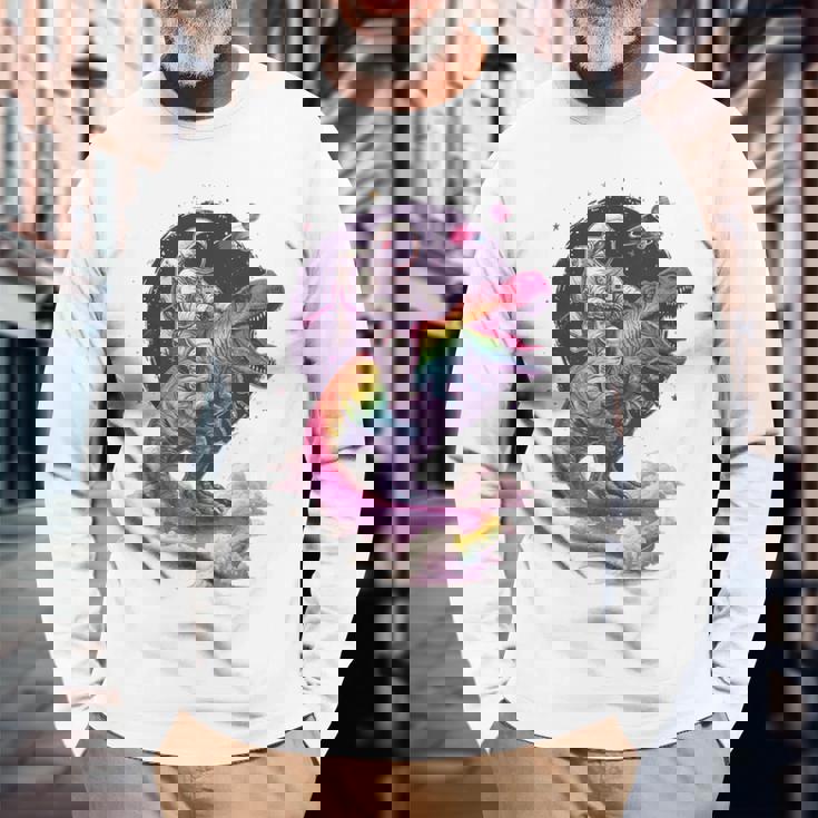 宇宙飛行士tレックス 恐竜 宇宙人 宇宙人 惑星 銀河 長袖Tシャツ 高齢者への贈り物