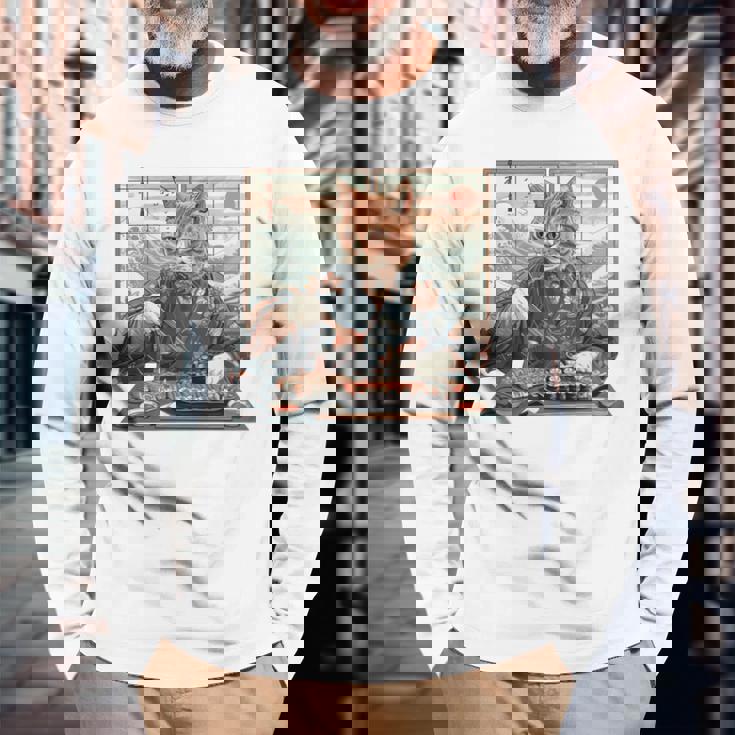 寿司好き ヴィンテージ 子猫 伝統 日本の芸術 猫 長袖tシャツ 長袖Tシャツ 高齢者への贈り物