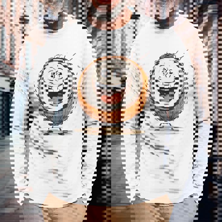 幸せな笑顔のココナッツの顔の漫画 長袖tシャツ 長袖Tシャツ 高齢者への贈り物
