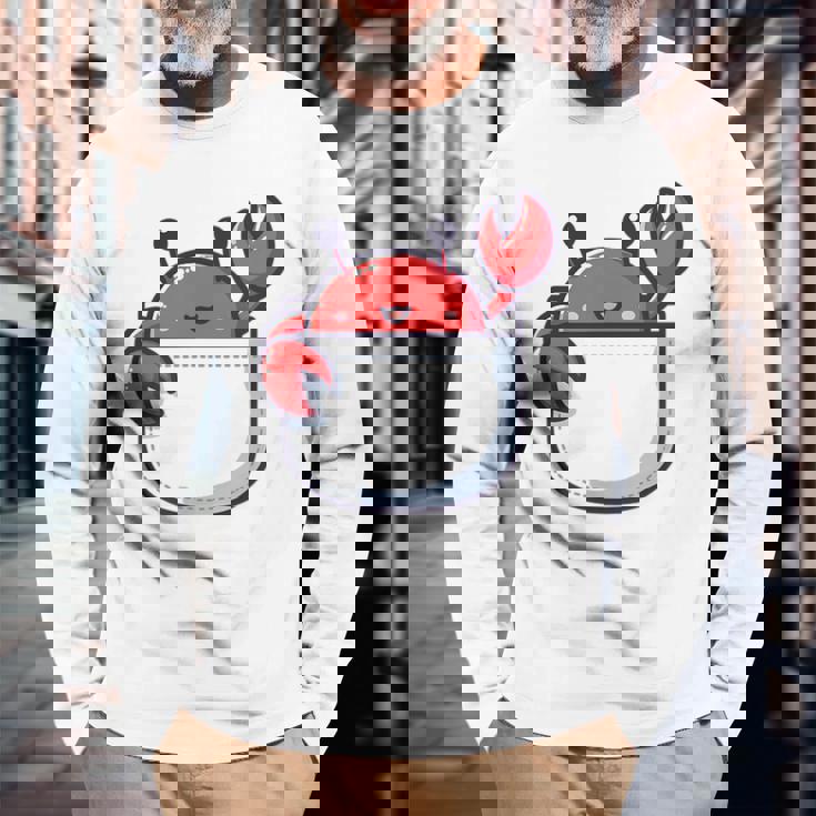 愛らしい かわいい ちび 和 ポケット カワイイ カニ 長袖Tシャツ 高齢者への贈り物