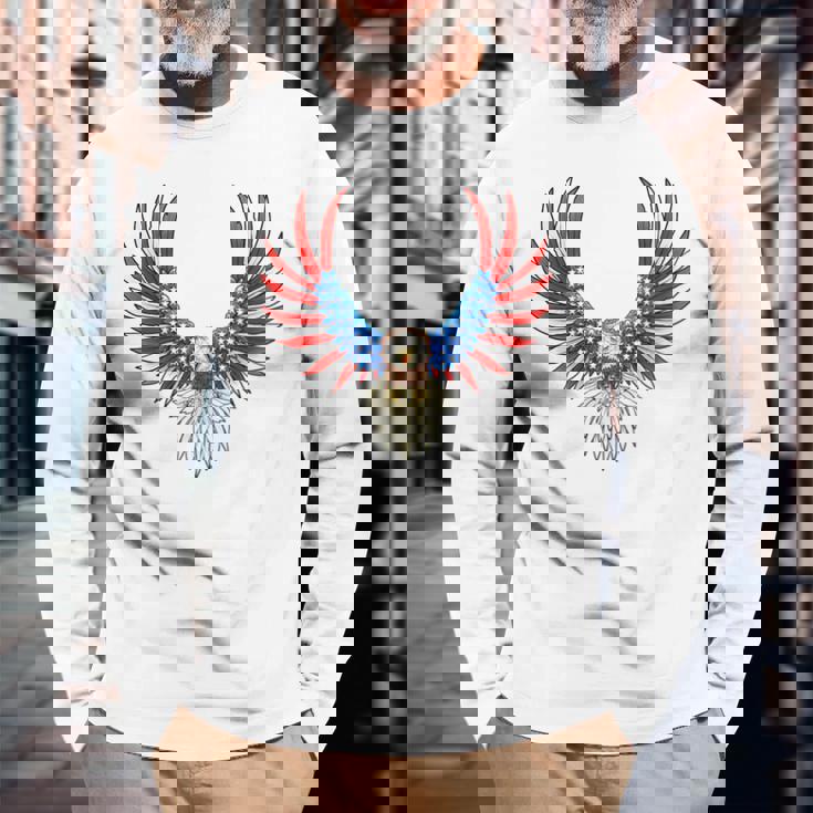 愛国的なアメリカ国旗イーグル 7月4日 バックプリント アメリカン 長袖Tシャツ 高齢者への贈り物