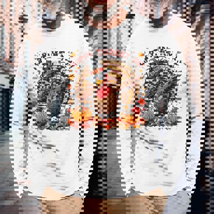 感謝祭 おもしろい 七面鳥巡礼者 軽くたたく 幸せな七面鳥の日 長袖Tシャツ 高齢者への贈り物