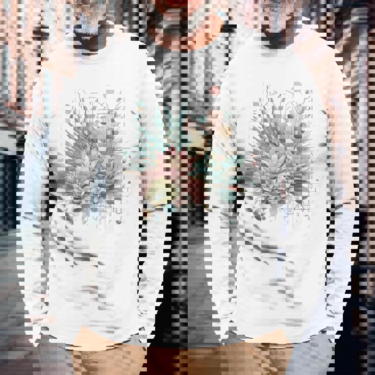 抽象的な幾何学的なボタニカルデザインモダンな植物 多肉植物 長袖Tシャツ 高齢者への贈り物