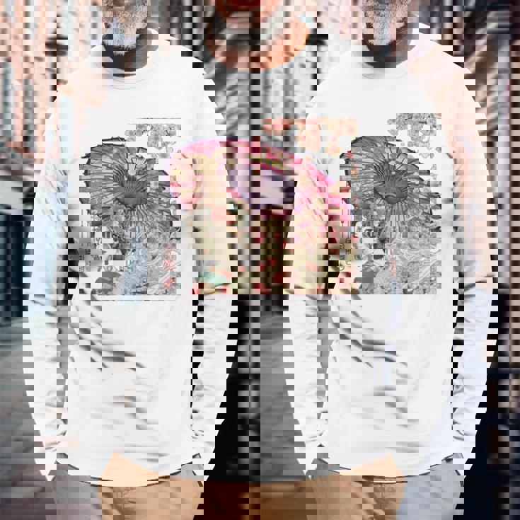 振り返る娘 見返り美人 日本美人 花街 浮世絵 桜 花 奇麗 赤 バックプリント 長袖Tシャツ 高齢者への贈り物