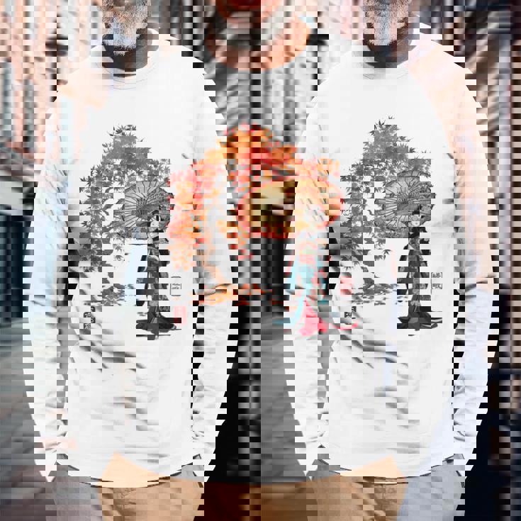 日本 浮世絵 京都 嵯峨 紅葉 和傘 美人 着物 長袖Tシャツ 高齢者への贈り物