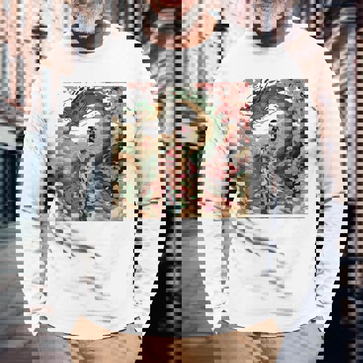 日本 浮世絵 桜 着物 竜 綺麗 日本髪 長袖Tシャツ 高齢者への贈り物