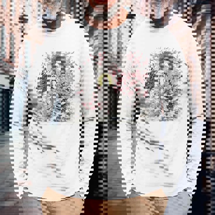 日本 浮世絵 観音菩薩 竜 桜 波 バックプリント 長袖Tシャツ 高齢者への贈り物